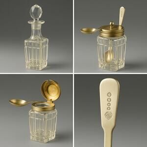 A Pr of Vtg Pressed Crystal Tableware Decanter w Stopper & Condiment Jar w Spoon